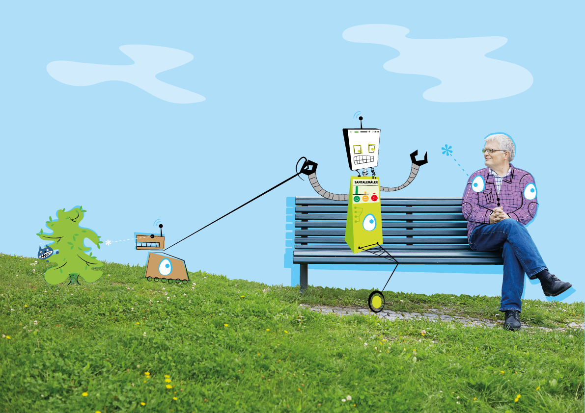 Illustrasjon av en robot som går tur med en hund