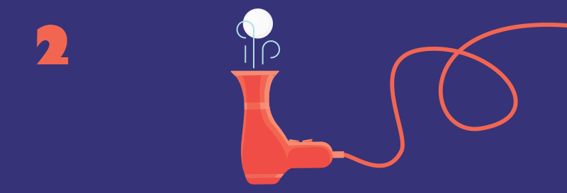 Illustrasjon av ball som svever over en hårføner