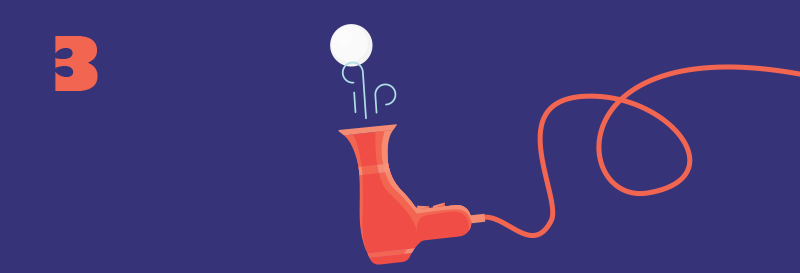 Illustrasjon av ball som svever over en hårføner