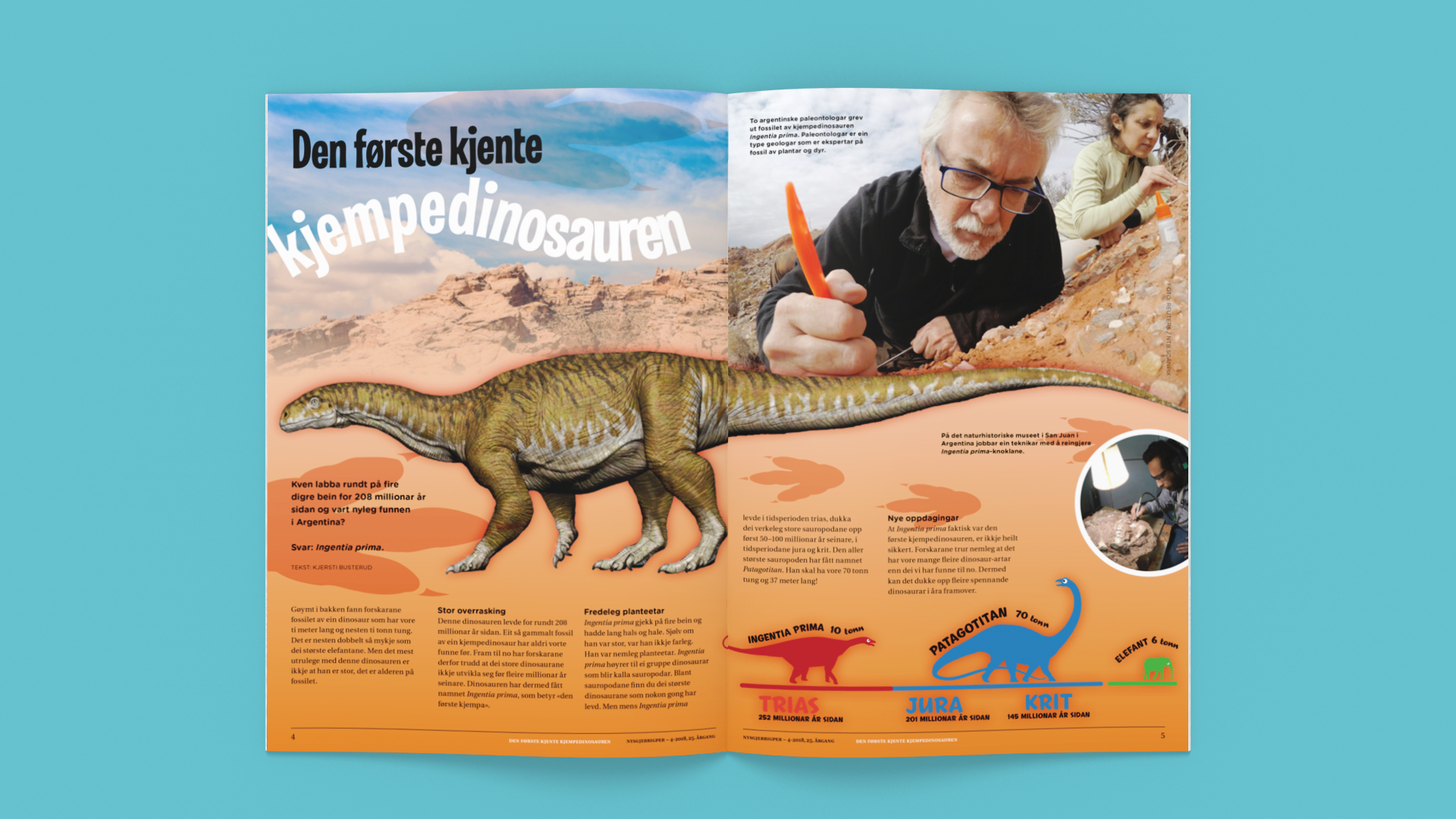 Oppslag fra Nysgjerrigper-bladet med tittel Den første kjent kjempedinosauren