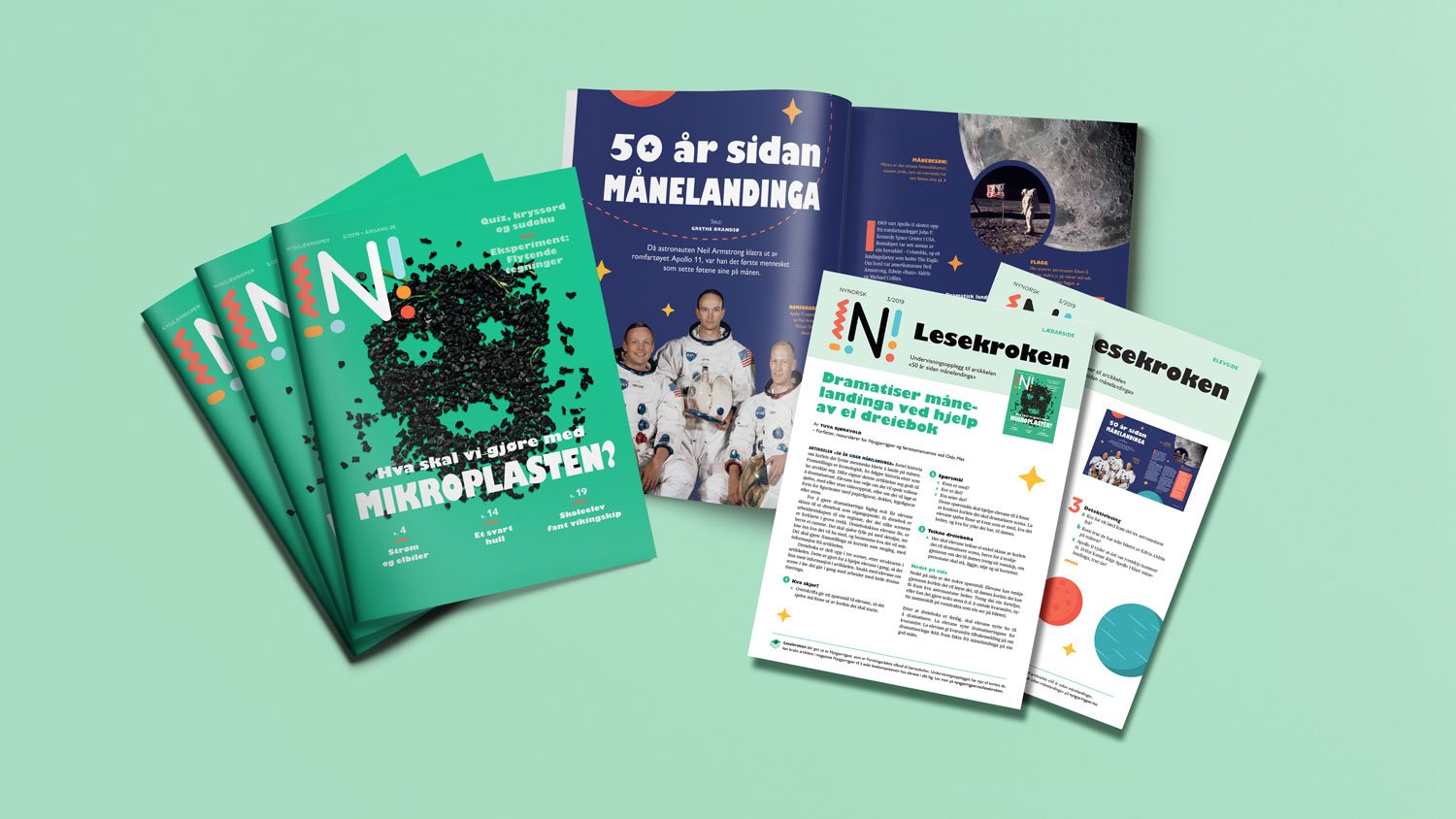 Nysgjerrigper-bladet 3-2019, artikkel 50 år sidan månelandinga og Lesekroken-oppgaver på grønn bakgrunn