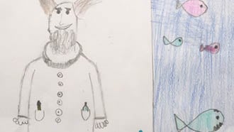 Tegning av en mann som står ved et akvarium