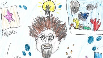 Tegning av en mann med hår som står rett opp og hvit frakk