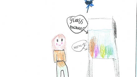 Tegning av jente som står å ser mot et akvarium med koraller i