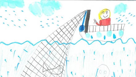 Tegning av en som fisker i fra en båt med nett