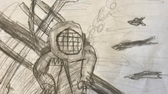 Tegning av en dykker som har funnet ett skipsvrak