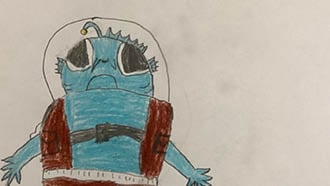 Tegning av en fisk i dykkerdrakt