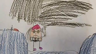 Tegning av en kunstner som holder en sprayboks i hånden