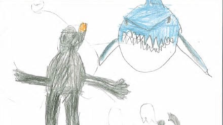 Tegning av en dykker som møter på en hai under vann