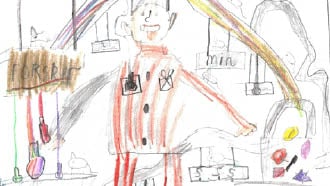 Tegning av en kokk på et kjøkken