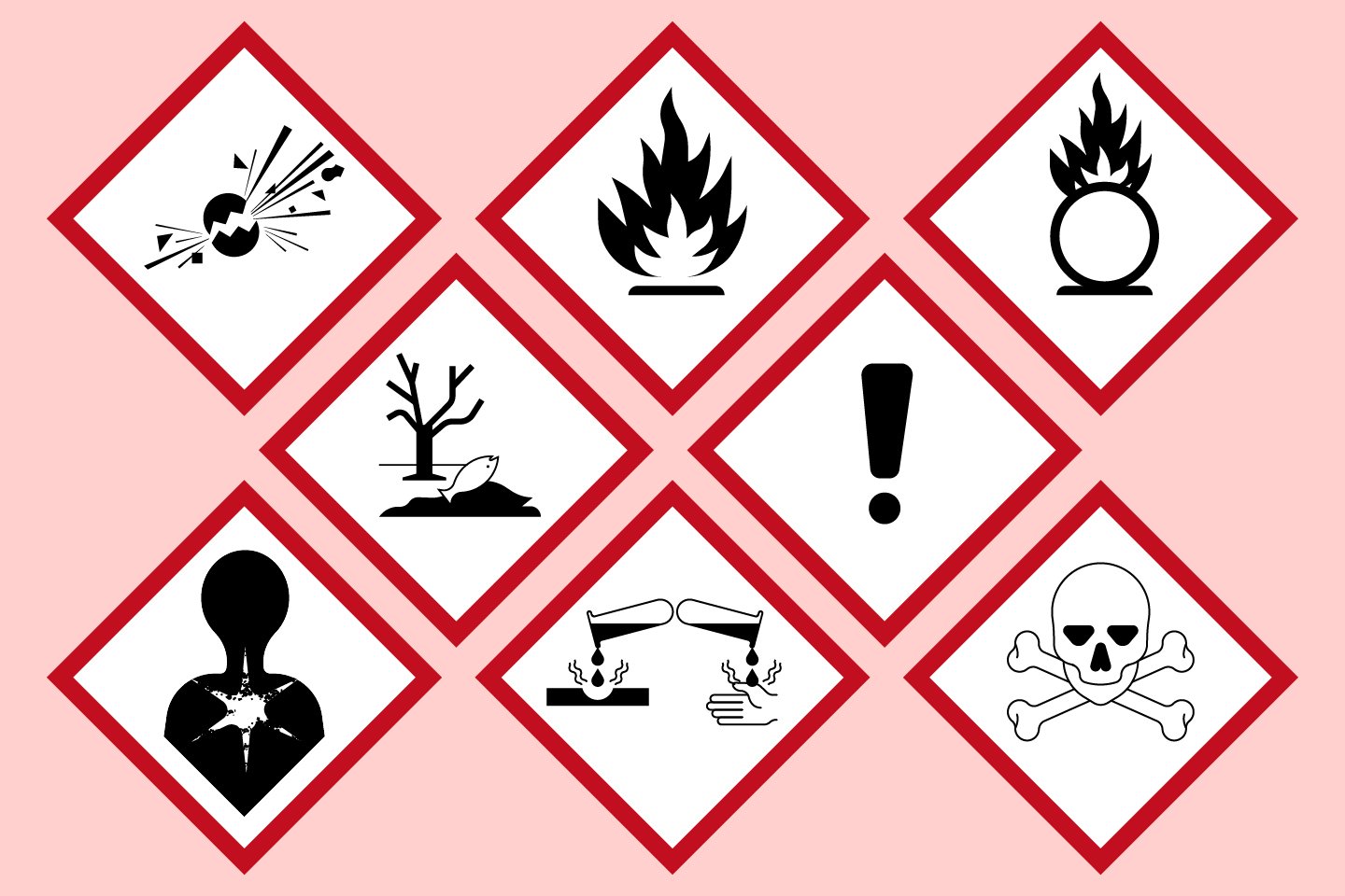 Illustrasjoner av åtte fareskilt