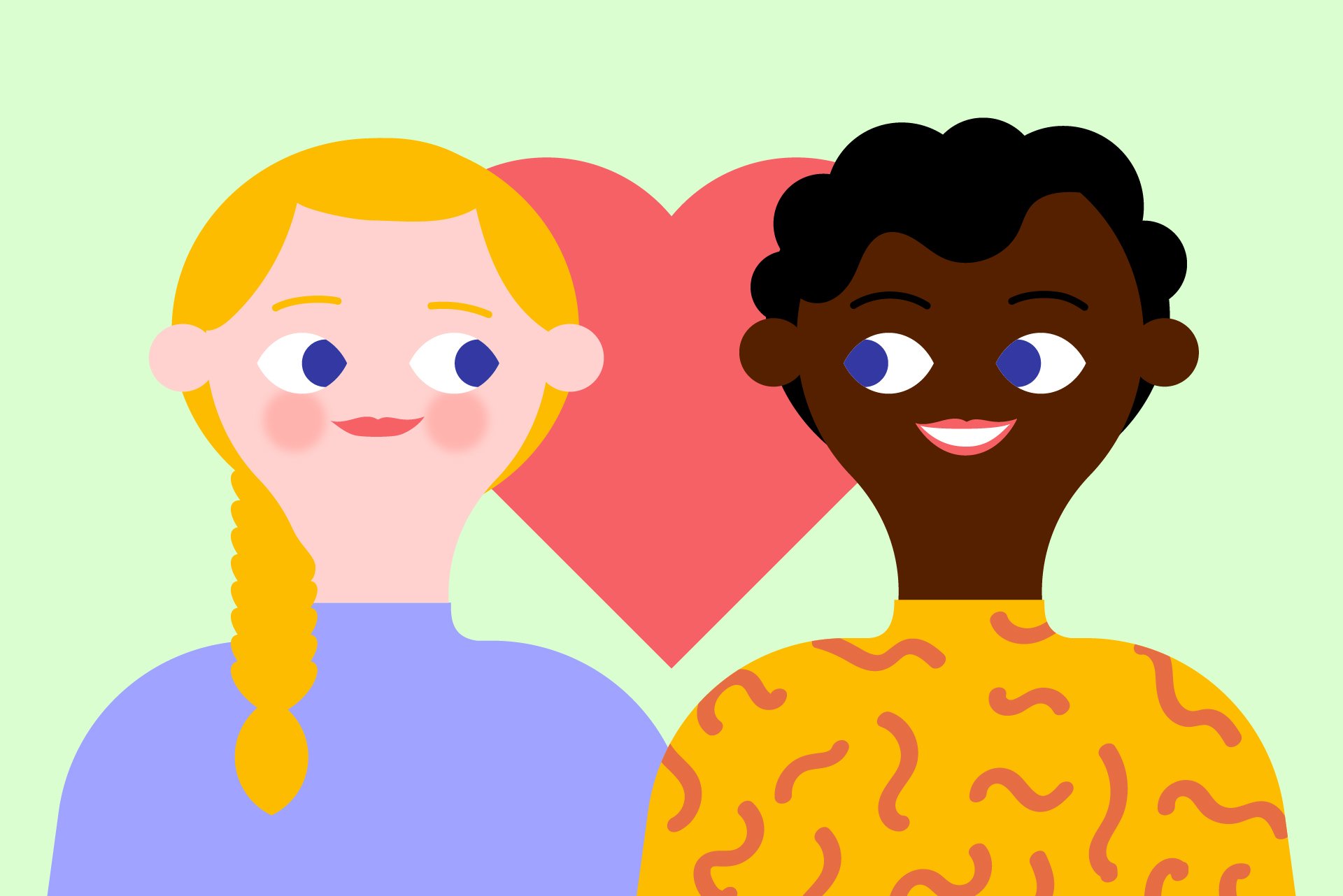 Illustrasjon av en gutt og en jente som er forelsket. De ser på hverandre og mellom dem er det et stort, rødt hjerte.