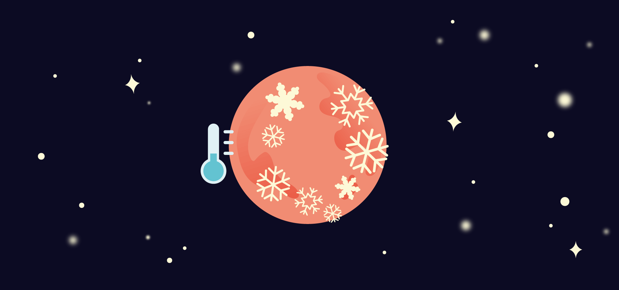 Illustrasjon av en rød planet med et termometer ved siden av