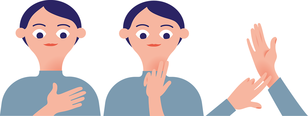 Illustrasjon av 3 måter å måle pulsen på: 1. En hånd på brystet over hjertet. 2. to fingre på venstre side av halsen. 3. to fingre på håndleddet.