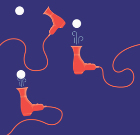 Bordtennisballer som svever over røde hårfønere som blåser oppover