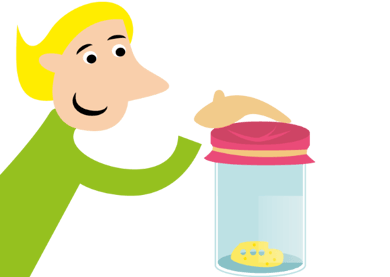 Illustrasjon av en person som trykker oppå en ballong spent over syltetøyglass med en ubåt-lignende sitronbit oppi. 