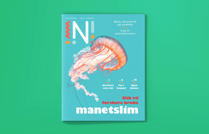 Forsiden til Nysgjerrigper 2-2019 med bilde av manet og teksten Slik vil forskere bruke manetslim