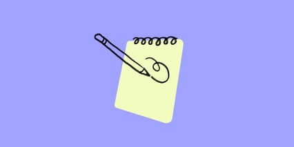 En tegning av en penn som skriver på en gul tegneblokk mot lilla bakgrunn