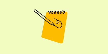 Tegning av en penn og en oransje notatblokk mot gul bakgrunn