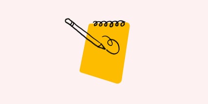 Tegning av en penn og en oransje notatblokk mot en lyserosa bakgrunn