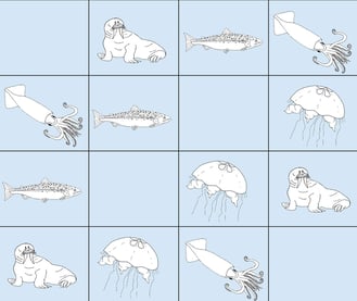 Enkle illustrasjoner av ulike dyr og fisk i havet
