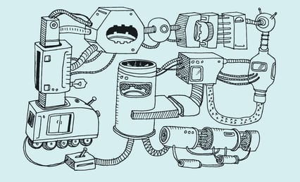 Tegning av en fantasimaskin med ulike deler som er koblet sammen med rør og annen mekanikk