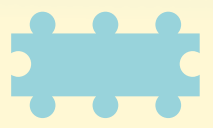 3 lyseblå puslespill biter satt sammen til å forme en symmetrisk linje med 3 tupper langs toppen og bunn, og 1 grop på hver side.