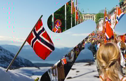 To bilder kombinert: et snølandskap på fjellet og 17. mai på Karl Johan