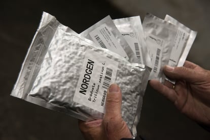 Hender som holder metalliske poser som inneholer frø som lagres i Frøhvelvet på Svalbard