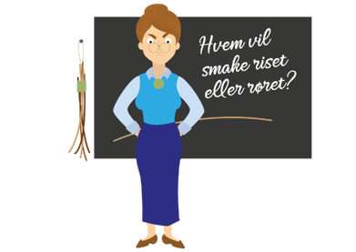 Illustrasjon av en streng lærer som holder et spanskrør og med et ris hengende på veggen. På tavlen bak henne står det: Hvem vil smake riset eller røret?