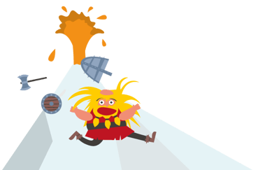 Illustrasjon av en redd viking som løper bort fra en vulkan som spruter ild. 