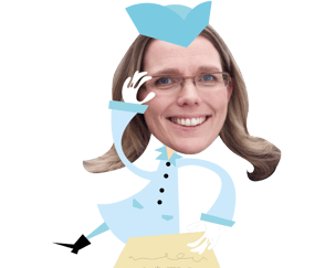 Illusrasjon av forsker med tollpapirer, med foto av ansiktet til Ragnhild Hutchison. 