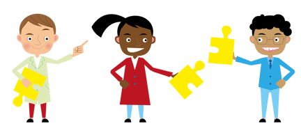 Illustrasjon av tre forskere med hver sin puslespillbrikke i hånden.