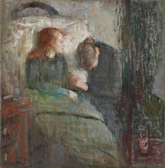 Maleriet av en syk jente som ligger i sengen mens moren sitter ved siden av med hodet bøyd, malt av Edvard Munch.