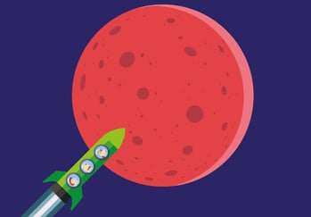 Illustrasjon av romrakett med mennesker på vei til Mars