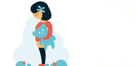 Illustrasjon av en jente som står med kosebamsen sin.