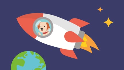 Illustrasjon av hund i romrakett