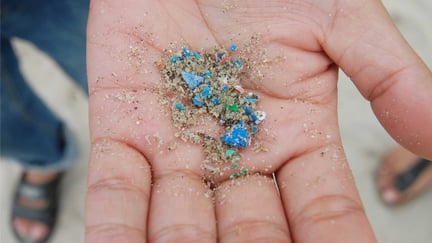 En hånd som holder frem mikroplast i forskjellige farger som er funnet i sanden.