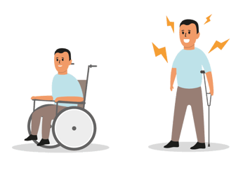 Illustrasjon av en mann som sitter i rullestol og en mann som går med en krykke