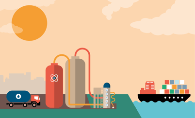 Illustrasjon av tankbil, tanker og lasteskip