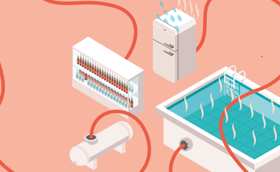 Røde kobinger mellom svømmebasseng og kjøleskap