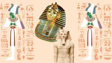 Illustrasjon av Osiris - de dødes gud og foto av Tutankhamon-byste