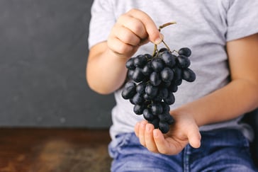 En liten gutt holder opp en drueklase