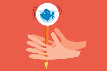 Illustrasjon av to hender som snurrer en blyant som er påklistret en hvit sirkel i enden, med en tegning av en fisk i en bolle