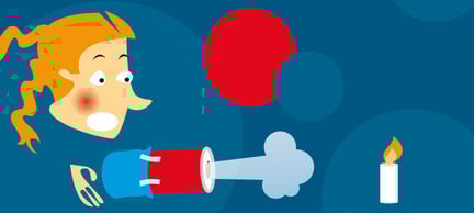 Illustrasjon av en jente som skyter med en luftkanon mot et brennende lys. 