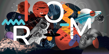 Collage med verdensromrelaterte elementer som astronaut, planeter og teksten ROM