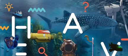 Collage med ordat HAV og ulike ting i havet som fisker, ubåt, gammelt dykkerutstyr, sjøhest med g-tips og vindturbin