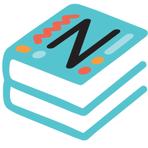 En blå bok med N på omslaget 