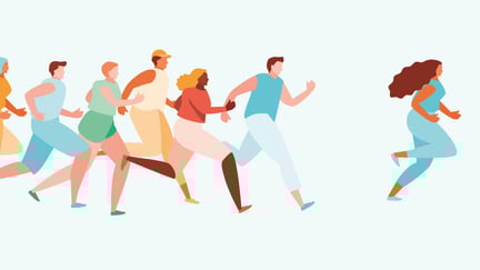 Tegning av mange mennesker som jogger