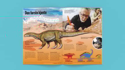 Oppslag fra Nysgjerrigper-bladet med tittel Den første kjent kjempedinosauren